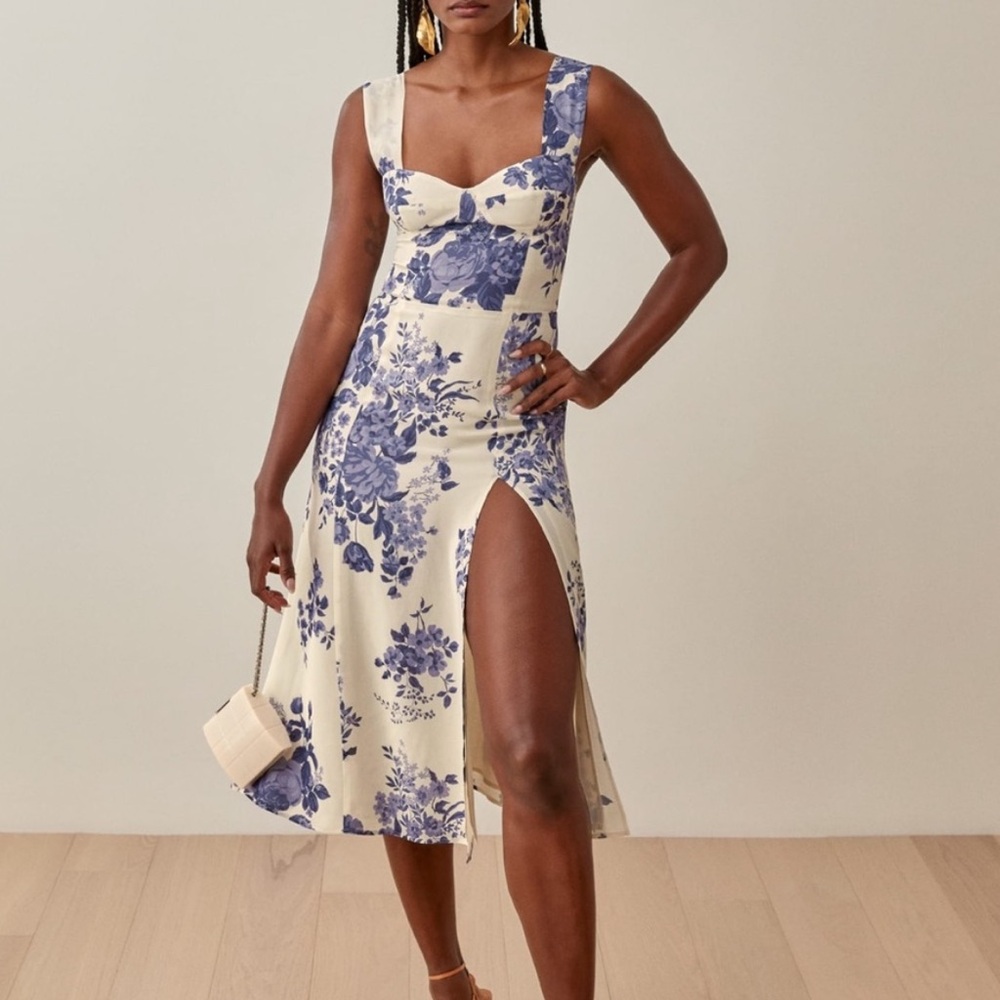 Reformation Fulton Dress in Jasper - Midi Floral White/Cream and Blue Dress
